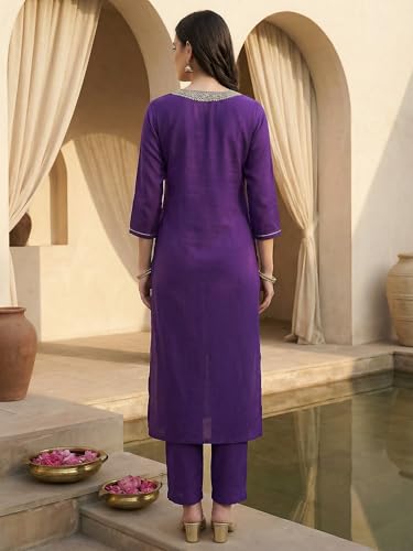 Image of INDO ERA Women's Silk Blend Embroidered Zari Work Straight Kurta & Pant Set | Cord Set For Women