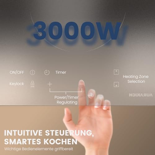 AURAKICH Glaskeramikkochfeld 2 Platten, Einbau-Kochfeld mit Abriebfeste Glaskeramik, 2 Jahre Garantie, 3000W, 9 Leistungsstufen, Timer 1-99 Min, Kindersicherung, mit Stecker, für alle Töpfe