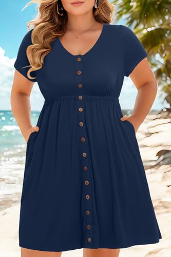 Image of Holipick Women's Plus Size Summer Dresses for Women Casual Dress with Pockets A-Line Swing Button Down Sleeveless V Neck