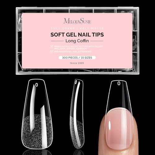Image of MelodySusie Long Coffin X Nail Tips - 300Pcs 15 Sizes Clear Acrylic, Half Matte Full Cover Press on Nails for DIY Extension & Salon Use,Pre-Shaped for Long-Lasting Manicure