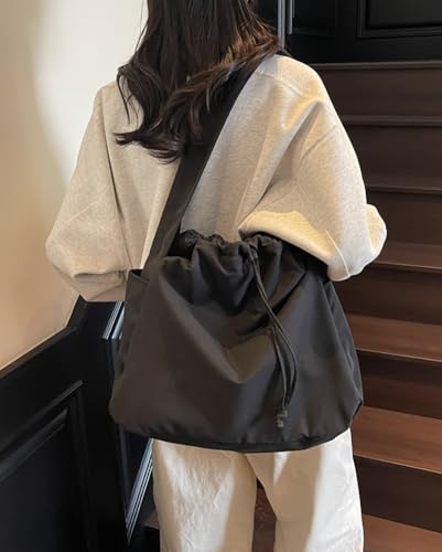 Casual Nylon Shoulder Tote Bag for Women Large Lightweight Canvas Travel Crossbody Purse Handbags with Drawstring3
