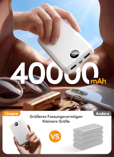 Power Bank 40000mAh, Kompakte PowerBank Schnellladen mit Display, Weiß – Ansicht 2