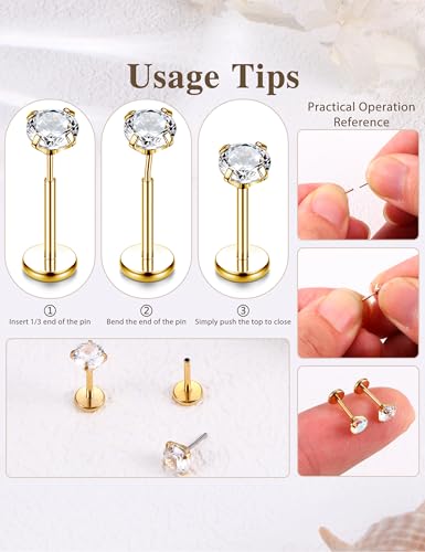 Sanfenly Threadless Flat Back Earrings Studs 316L Surgical Steel Cartilage Earrings for Women Men Push in Nose Rings Studs 20G 18G 16G CZ Opal Tragus Helix Conch Lip Labret Medusa Nostril Piercing Jewelry Hypoallergenic3