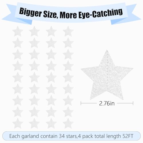 Image of Silver Glitter Star Garland Banner Streamers - 2.76 Inch 52 FT 4 Strands Paper - Hanging Garland for Bachelorette Birthday Engagement Baby Shower Bridal Shower Party Decorations