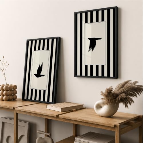 Image of Suneree Flying Birds Wall Art Set of 2 Framed Paintings | Black White Striped Minimal Bird Silhouette Poster | Living Room Bedroom Home Decor (Art 13, 10x13 Inches, Black)