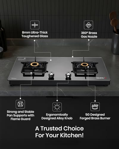 Image of Sujata Premium Gas Stove 2 Burners Glass Top | 9 Years Warranty | Gas Stove with Jumbo Brass Burners | SABAF Technology | ISI Certified | LPG & PNG Compatible | 360 Rotating Brass Nozzle (Black)