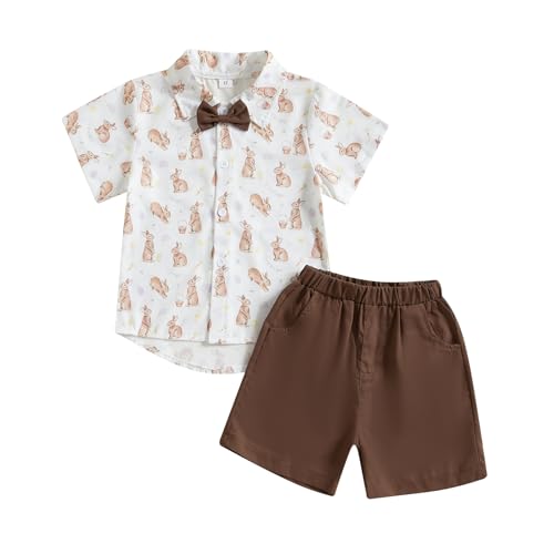 Image of Owl's-Yard Baby Boy Easter Outfits Rabbit Carrot Short Sleeve Button Down Shirts and Solid Color Shorts 2 Pcs Summer Set