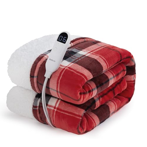 Image of Bedsure Plaid Heated Blanket Twin - Christmas Electric Blanket with Red Plaid Pattern, Flannel Sherpa Heating Blanket as a Gift, with 6 Heating Levels, 10 Time Settings, 8-Hour Auto-Off (62 inchx84 inch)