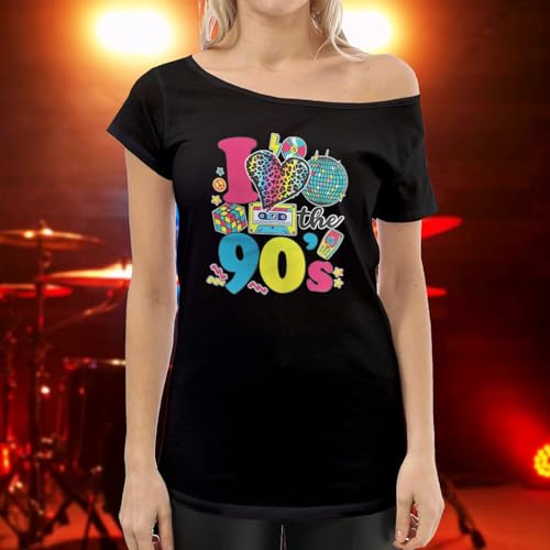 SFHFY 90s Outfit for Women 90's Theme Party Disco Shirt Vintage Neon Off Shoulder Tops Retro 90s Disco Top3