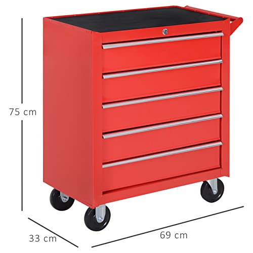 DURHAND Professional 5 Drawer Roller Tool Cabinet Storage Box Workshop Chest Garage 4 Smooth Wheels Wheeling Trolley w/Handle - Red 3 DURHAND Professional 5 Drawer Roller Tool Cabinet Storage Box Workshop Chest Garage 4 Smooth Wheels Wheeling Trolley w/Handle - Red - Image 3