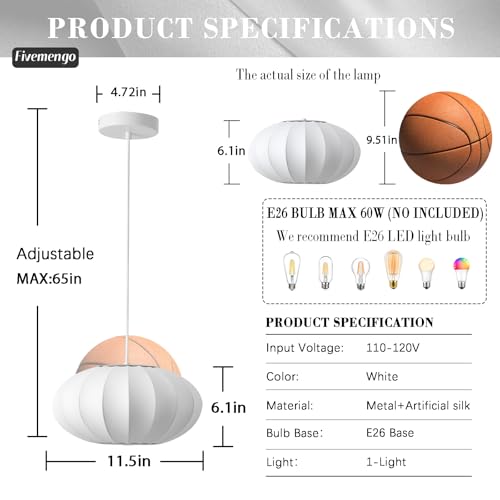 Image of 11.5in Small Lantern Pendant Light, Imitation Silk Lampshade, White Bubble Pendant Light, Large Hanging Lamp Simple Chandelier for Dinning Room Kitchen Island Bedroom Restaurant Cafe