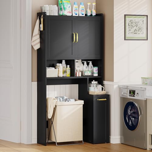 Image of UPOSOJA Over The Toilet Storage Cabinet with Pulley Bathroom Storage Cabinet, Space Saver W /Adjustable Shelf & Open Shelf for Bathroom, Restroom, Laundry (Black)