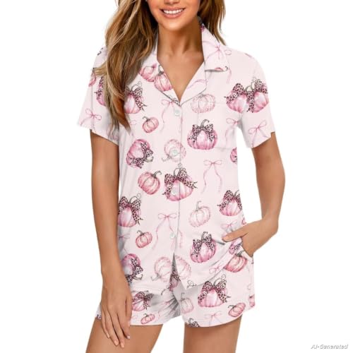 Image of Renewold Women's Short Sleeve Pajama Set Button Down Sleepwear with Notch Collar Soft Lounge Top and Shorts with Pockets