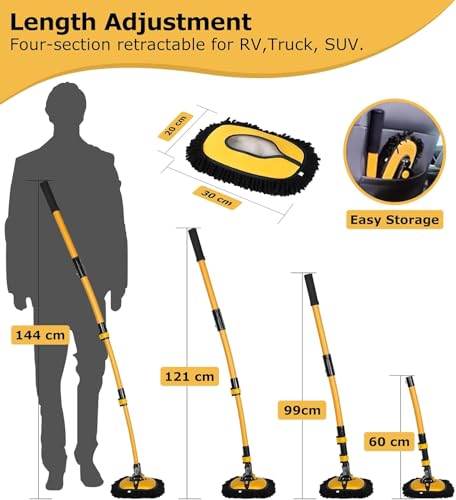 Image of Fulminare 15 Curved Car Cleaning Brush Duster with Telescopic Handle 43 inch Aluminum Alloy Long Rod Wash Mop for Washing Car Van Soft Chenille Scratch Free Car (Black)