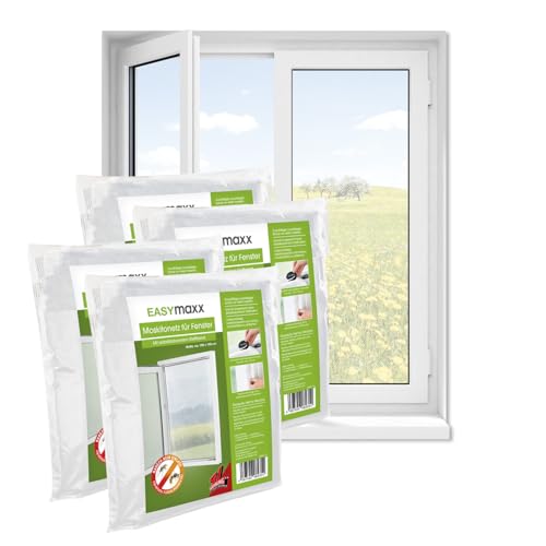 EASYmaxx Mosquitera para ventana, montaje sin agujeros, protección contra insectos cortable, hasta 130 x 150 cm, protección contra mosquitos, cinta autoadhesiva [4 unidades]