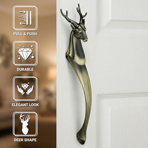 Image of GLOXY Premium Antique Finish 21 inch Deer Shaped Main Door Handle with 12.5 inch Hole-to-Hole Spacing - Decorative Push & Pull Aluminium Wooden & Glass Door Handle for Home, Restaurants& Offices - Pack of 1