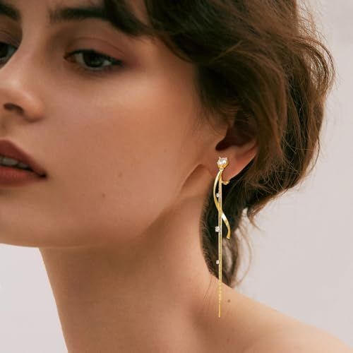 Clip on Earrings for Women 14K Gold /925 Sterling Silver Plated Cubic Zirconia Long Tassel Dangle Drop Earrings for Women Non Pierced Earrings Jewelry Gifts Wedding Party2