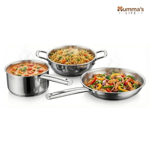Image of Mumma's LIFE Triply Cookware Set | 4-Piece Stainless Steel Triply Cookware Set | Fry Pan 24 cm (1.6 L) | Kadai 24 cm (3 L) | Sauce Pan 16 cm (1.7 L) | Durable & Easy to Clean