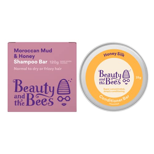 Beauty And The Bees Eco Friendly Moroccan Mud & Honey Shampoo Bar + Honey Silk Conditioner Bar Set - 100% Natural & Organic Ingredients For Normal - Dry Or Curly Hair - Sulfate & Paraben Free #TOP7