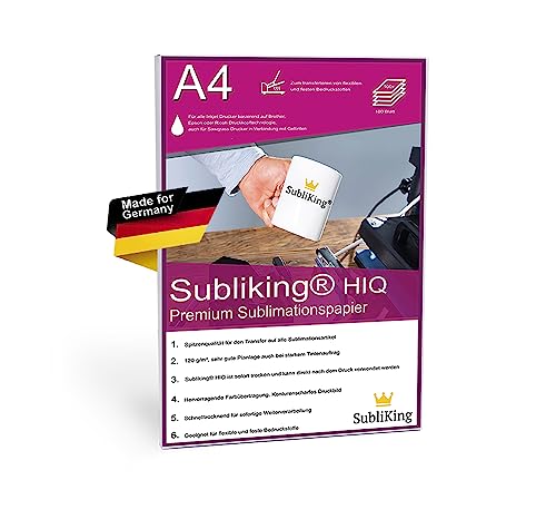 Subliking Sublimationspapier DIN A4 100 Blatt | schnelltrocknendes Transferpapier 125 g/m für polyesterbeschichtete Materialien