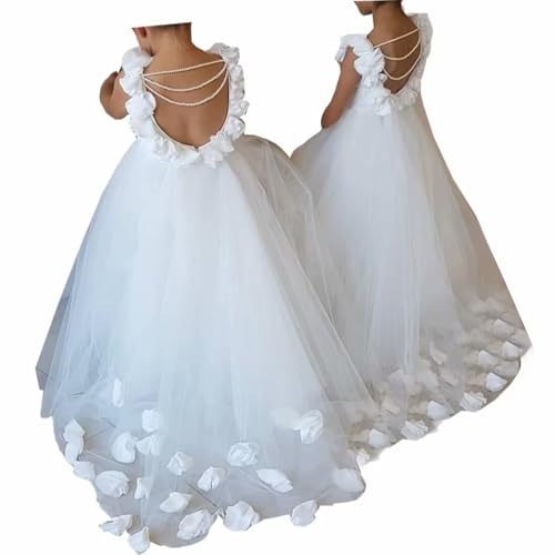 Flower Girl Dress First Communion Dress Little Flower Train and Back Hollow Out Pearls 2-14
