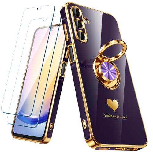 Nonional for Samsung Galaxy A25 5G Case with 2 Pack Screen Protector 360 Rotatable Ring Holder [Luxury Hearts Pattern] Plating Gold Edge Slim Soft Phone Cover Case for Galaxy A25 - Purple