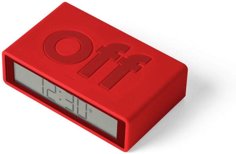 Lexon Flip+ Digital Alarm Clock for Bedrooms, Reversible On/Off Faces with Snooze function, LCD display & Touch Sensor Light, Radio Controlled & Battery Operated, Rubber - Red