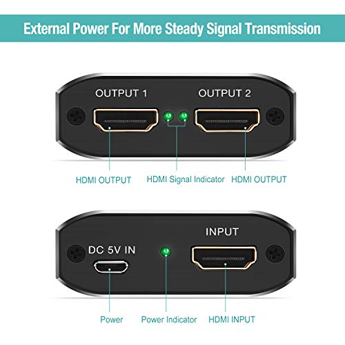 HDMI Splitter 1 in 2 Out - Techole 4K Aluminum Ver1.4 HDCP, Powered HDMI Splitter Supports 3D 4K@30HZ Full HD1080P for Xbox PS4 PS3 Fire Stick Roku Blu-Ray Player Apple TV HDTV - Thumbnail 3