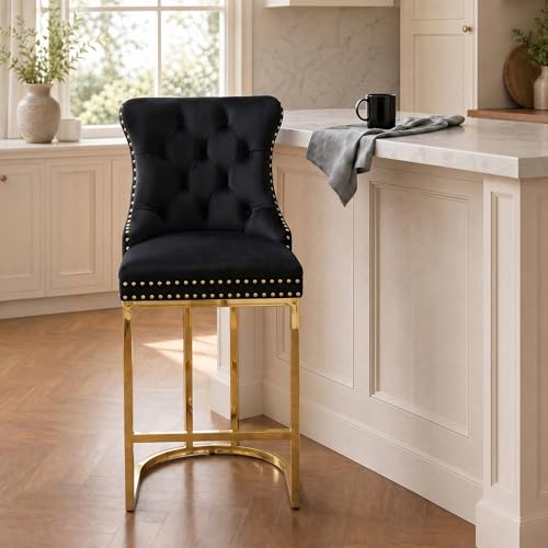 Image of UVV Counter Height Bar Stools Set of 1, 26 inch Modern Barstools with Back, Velvet Upholstery Counter Chairs with Metal Legs for Kitchen Island, Bar, Counter, Black