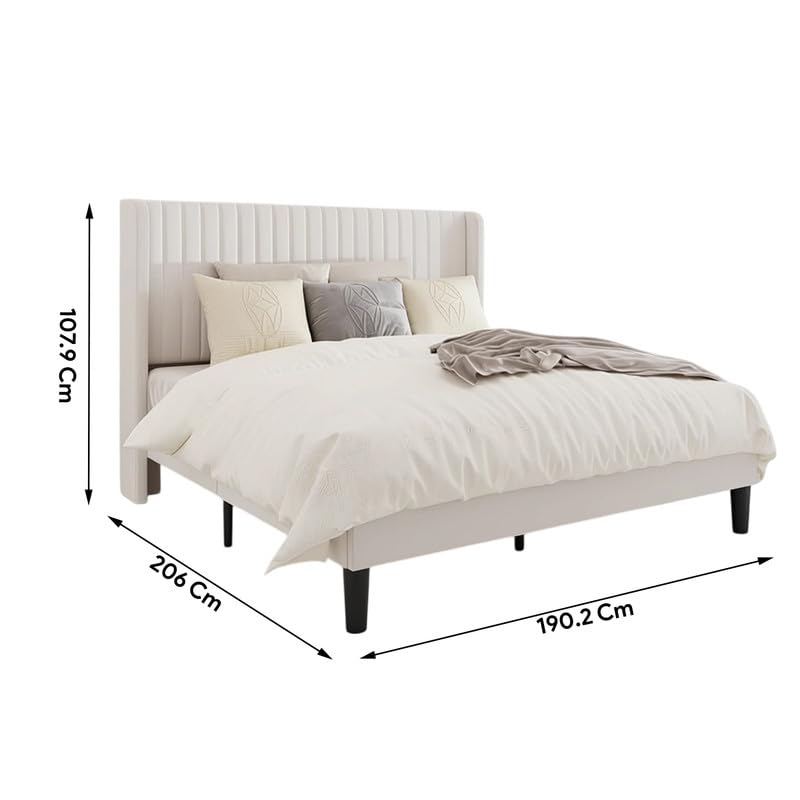 Image of Amazon Brand - Solimo Wood Lark Modern Upholstered King Size Bed with Wingback Headboard | Durable Wooden Double Bed Cot Palang Without Storage Furniture for Home, Hotel (White)