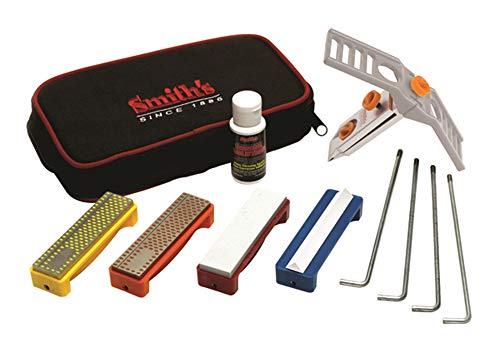 Smith s 50591 Diamond-Arkansas Precision Knife Sharpening System - Portable Sharpening Kit w/ Pouch - 3 Sharpening Stones - Honing Solution - Serrated & Straight Blades - V-Lock Vise + Angle Guide