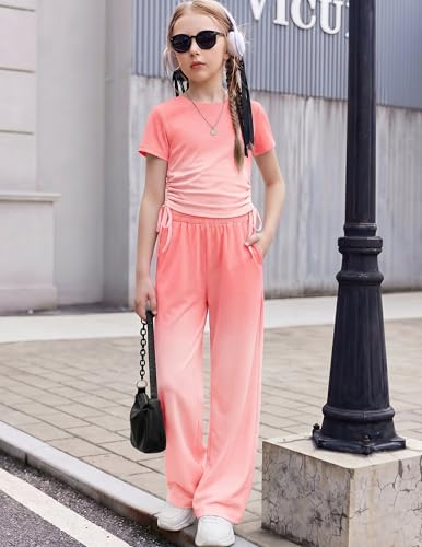 Image of Arshiner Girls 2 Piece Outfit Ruched Drawstring Tops and Wide Leg Pants Set