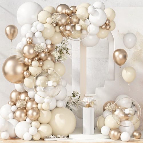 Ouddy Party 149Pcs White Sand Champagne Gold Balloon Arch Garland Kit Different Sizes 18 12 10 5Inch, 6Pcs 18” Clear Neutral Nude Metallic Balloons for Wedding Birthday Party Decorations
