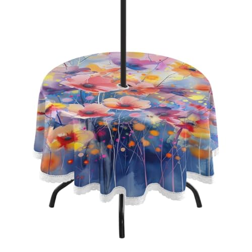 Wajiw 60 Inch Indoor Outdoor Round Tablecloth with Umbrella Hole and Zipper Waterproof Patio Table Cover for Camping Dining Room Party Outdoor Picnic,Wildflowers
