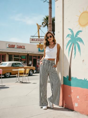 Image of MISSACTIVER Women Drawstring Striped Pants Loose Wide Leg Trousers Casual Low Waist Pants Comfy Lounge Pants with Pockets Black White