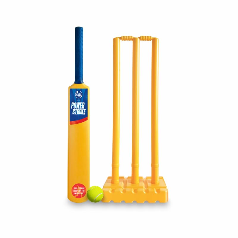 Lata Toys Powerstroke Senior Cricket Set– 1 Bat, 3 Stumps, 2 Bails, 1 Base & 1 Tennis Ball | Durable Plastic Cricket Kit for Boys & Girls | Outdoor Play Toy for Garden, Park & Beach Yellow-image-13