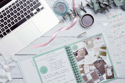 DRAEGER Paris 1886 – Briefpapier-Set mit Blumen für Hochzeit – Hochzeitsplaner mit Notizbuch, 90 Seiten, Taschen, Sticker, Schablone, Masking Tape – Papier grün/lachs – Maße 20 x 24,5 cm