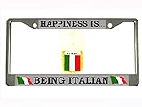 Happiness is Being Italian Chrome Metal Auto License Plate Frame Car Tag Holder with car Banner Flag