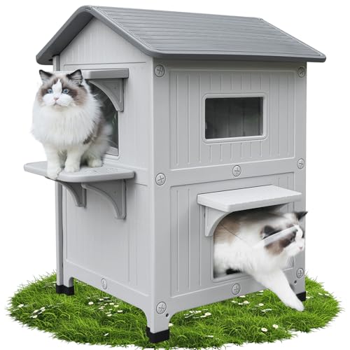 Maison d'extérieur pour chat - 2 histoires - En plastique - Résistant aux intempéries - Avec porte d'échappement - Grande villa sauvage - Abri pour petits...