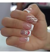 Christmas Press on Nails Short French Tip Square Fake Nails Cute Pink Swirl Stick on Nails Full C...