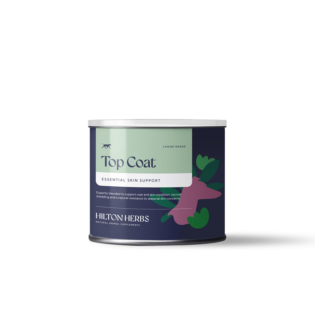 Hilton Herbs Top Coat Natural Dog Supplement. 100% Natural Ingredients. Healthy Skin and Shinny Coat. For Dogs with Itchy Skin, Sensitive to Allergens or Prone to Itching. 125 g