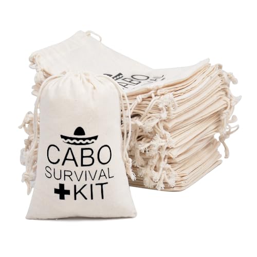 gobyhumm 10 Premium Organic Muslin Drawstring Bags 4x6 - Wedding Party Favor Set for Bachelorette Hangover Kits & Holiday Gifting | Reusable Double-Layer Unbleached Cotton Pouches (CABO SURVIVAL KIT)