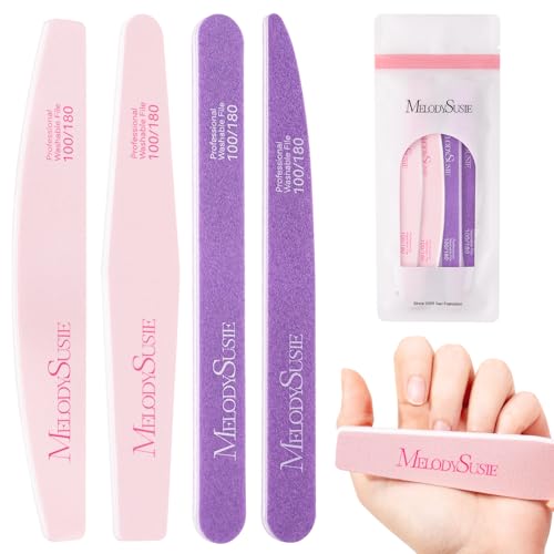 Image of MelodySusie 4Pcs Professional Nail Files 100 /180 Grit, Double Sided Emery Boards for Acrylic, Gel and Natural Nails, Manicure Pedicure Shaping Tools for Home Salon, Pink & Purple