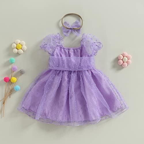 Toddler Baby Girl Princess Dress Puff Sleeve Bowknot Flower Layered Mesh Tulle Dress with Headband3