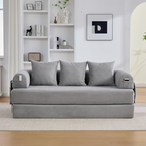 Nadeusak Sofá De Compresión Plegable, Gris Claro, 90 X 200 Cm, Con Marco De Metal, Bolsillos Laterales Y 3 Almohadas, Diseño Libre, Moderno Sofá De Metal, Ideal Para El Salón