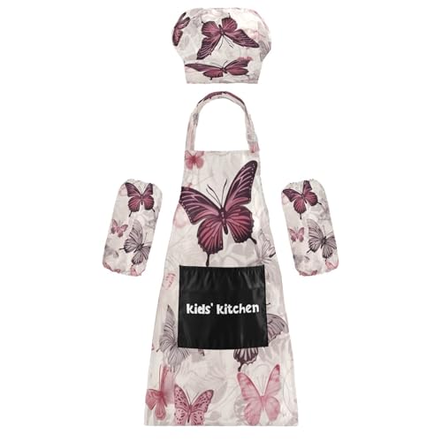 Bulletgxll Colorful Butterfly Kids Apron and Chef Hat Set Adjustable Bib Aprons with Pockets for Cooking Baking Painting