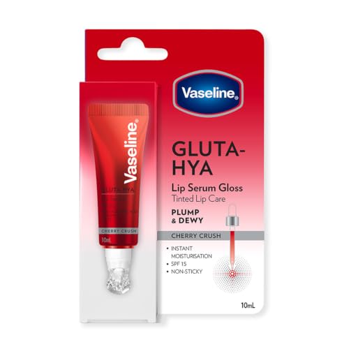 Image of Vaseline Gluta-Hya Cherry Crush Lip Gloss, Serum Lip Care with Hyaluronic Acid and GlutaGlow Technology, Tints, Plumps and Protects with SPF15 for Plumper Lips | 10 ml