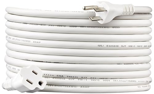 Amazon Basics Extension Cord, 20 Ft, 3 Prong Outlet Extender, Indoor Power Cord, 13 Amps, 125V, White