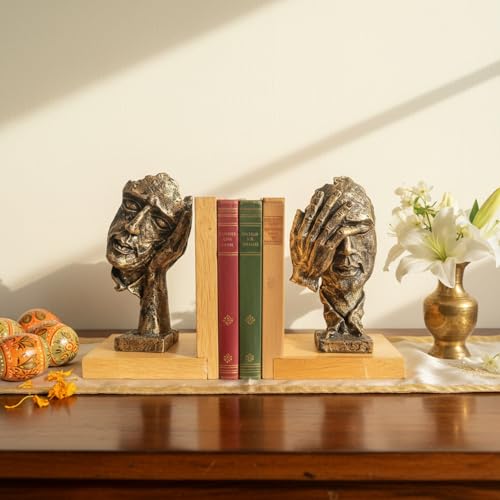 Image of eCraftIndia Wooden Book End with Resin Handmade Human Face with Hand Showpieces for Home Decor Office Table | Gift for Housewarming Birthday