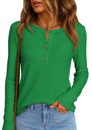 Image of PRETTYGARDEN Women's Long Sleeve Waffle Knit Henley Shirts Loose Tunic Tops